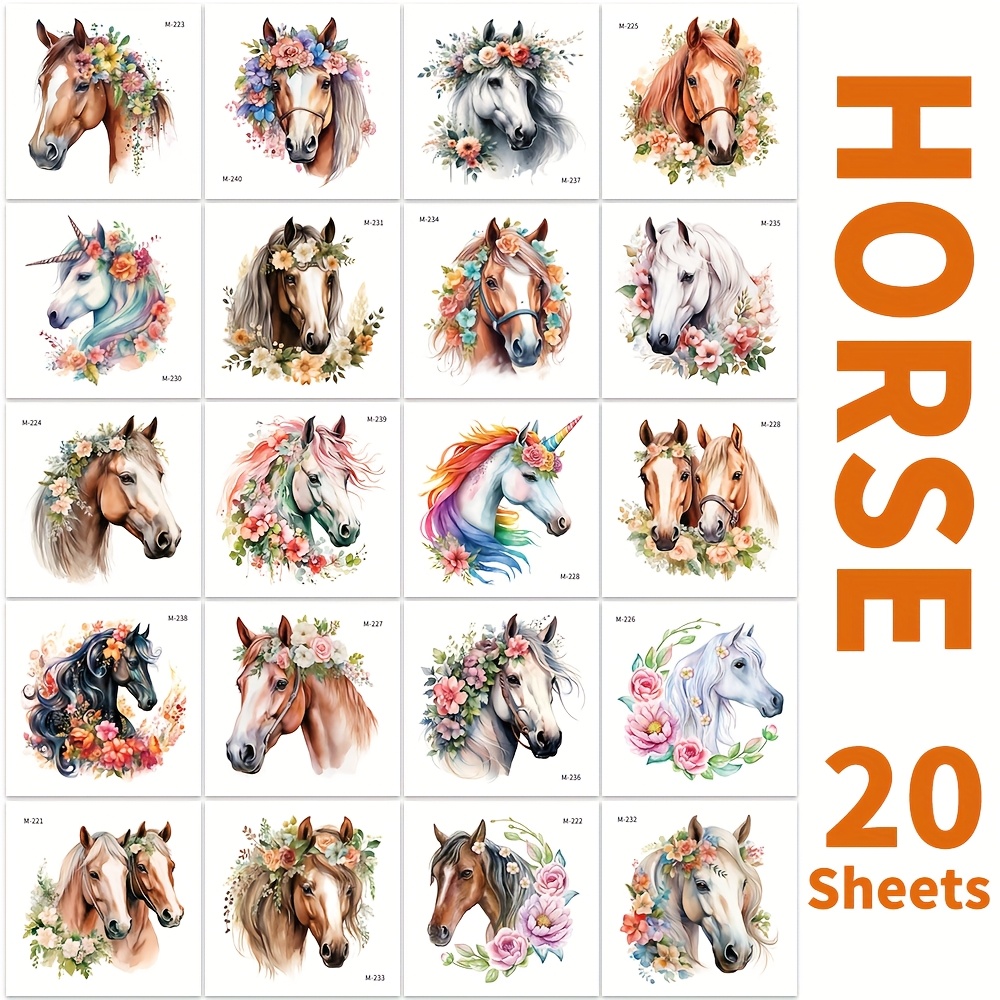 Image of 20sheets Flower Horse And Under Temporary Tattoo Stickers, Waterproof Realistic Art For , Legs, Sleeve, Party Favors Decor, Multi-colored Fake Tattoos For Birthday Party Decoration