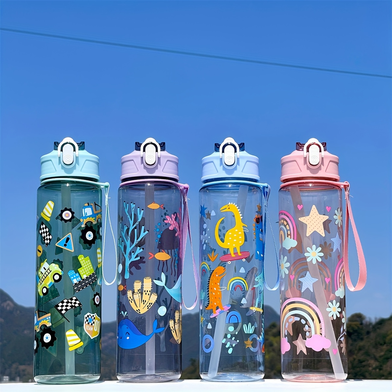 cute cartoon water bottle with straw durable pc material leak proof lightweight design vibrant underwater theme with fish coral     gift for christmas halloween easter thanksgiving ramadan 14 years