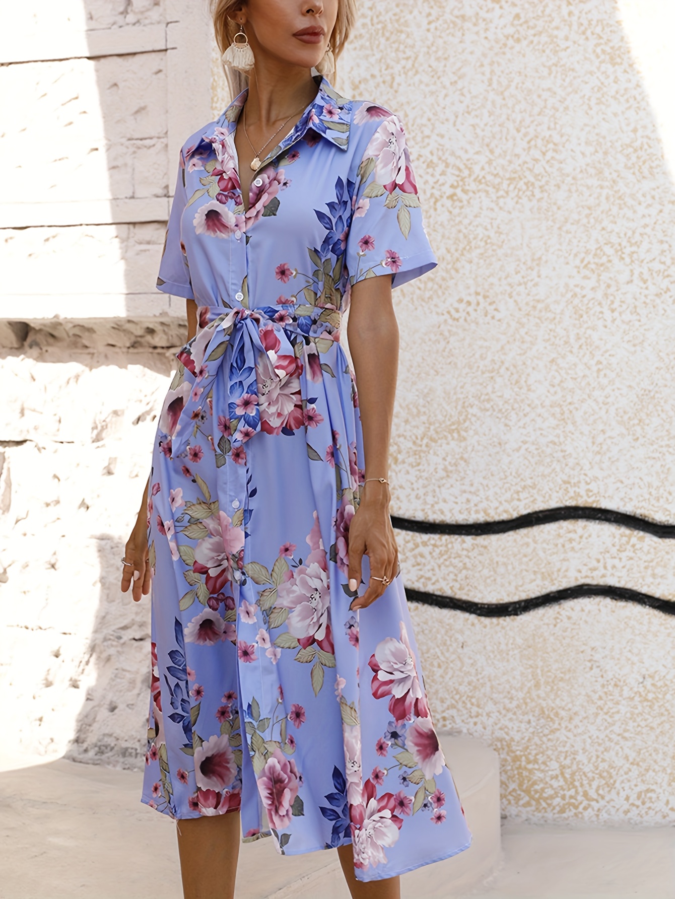 womens floral print short sleeve dress with lapel collar tie waist   length a line skirt side   light blue floral   for spring summer casual wear floral dress spring fashion nontransparent fabric Product details 3