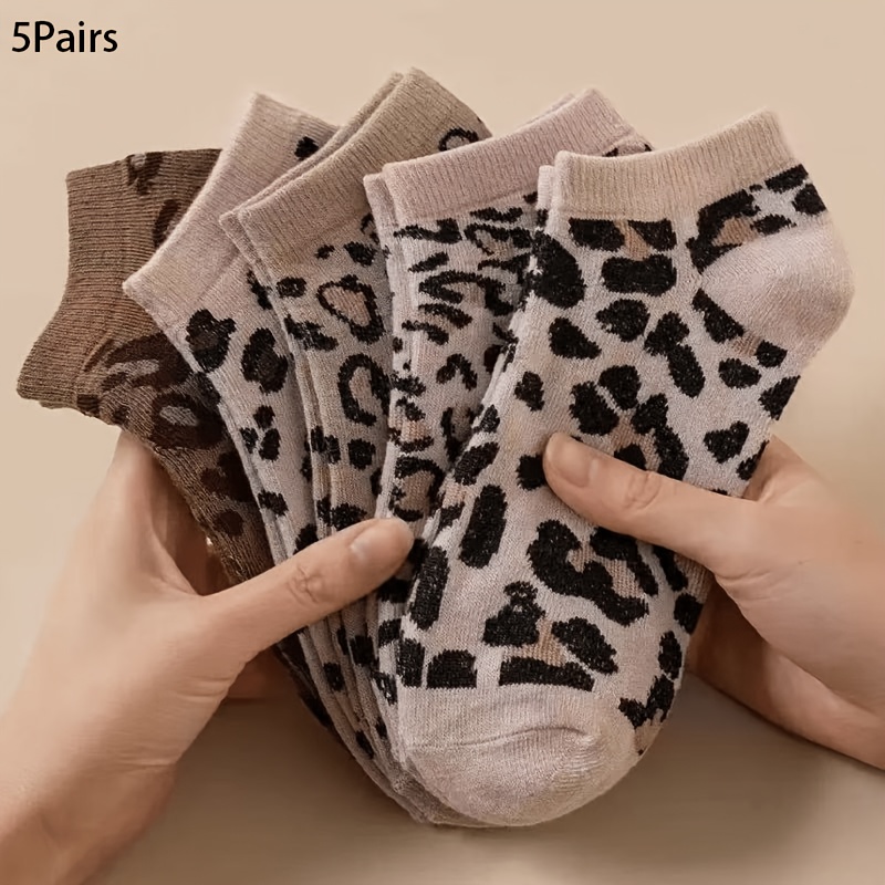 TEMU 5 Paires de Chaussettes Courtes à Imprimé Léopard pour Femmes, Chaussettes Basses Mignonnes, Chaussettes Décontractées Douces et Respirantes,