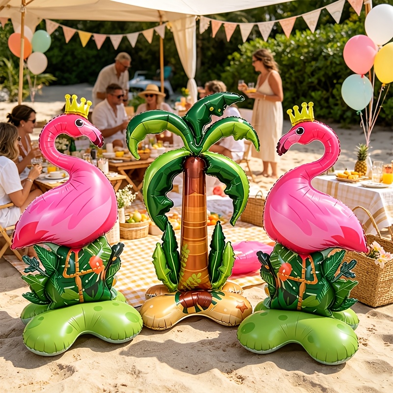 3-teiliges sommer- -folienballon-set mit 2 stehenden flamingos 1 stehender kokospalme. das design kombiniert rosa flamingos mit einer grünen kokospalme erinnert an die atmosphäre tropischer   sommerurlaube.   für poolpartys, geburtstage mit tropischem thema, strandhochzeiten