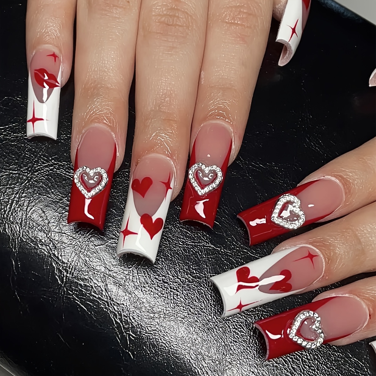 

24pcs Valentine's Day Nail Stickers, Long Coffin French Tip Design With Red & , , Starburst Pattern, Full Cover Press-on False Nails, Mixed , , , Includes Jelly Glue & Nail File