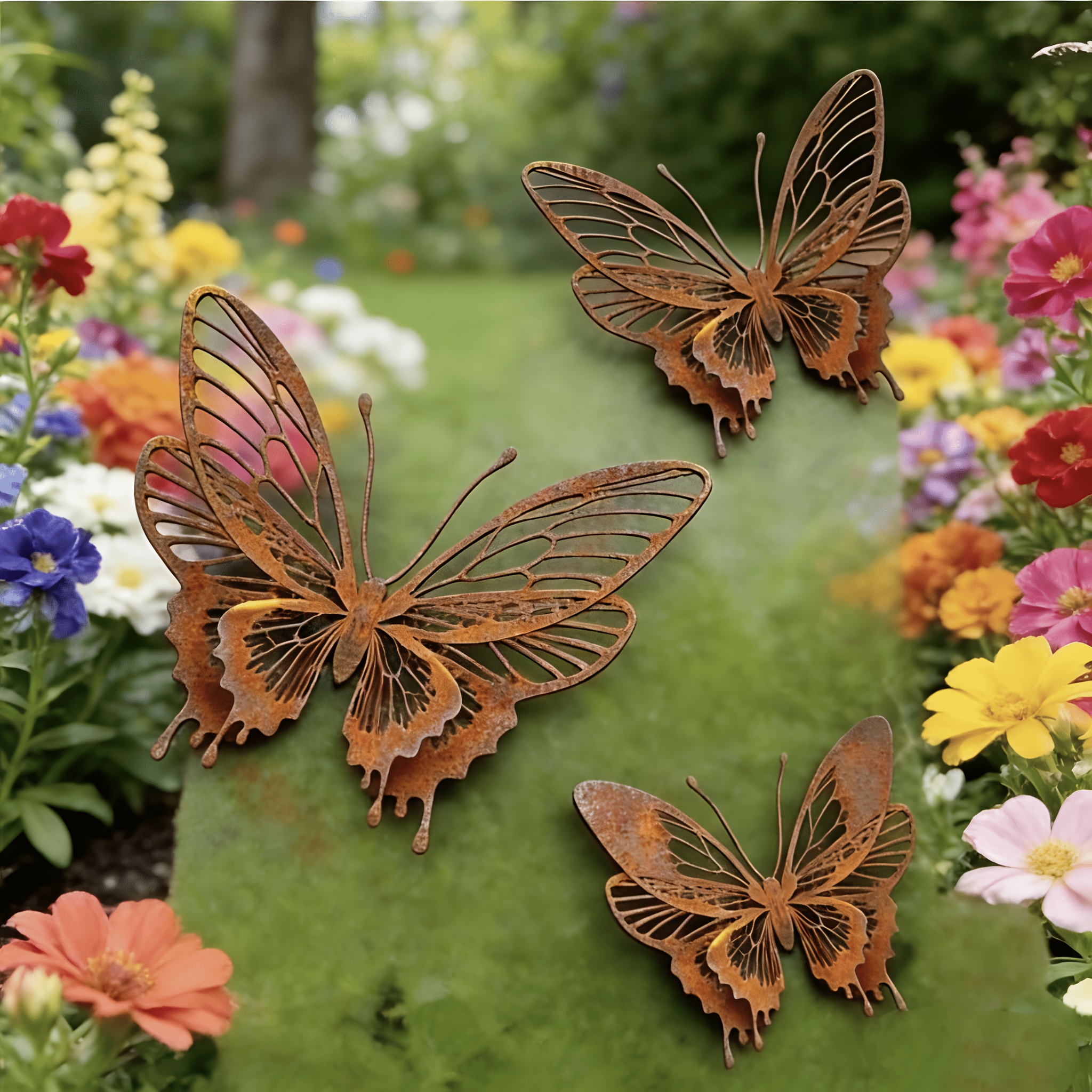 3pcs Retro Metal Garden Decor Stakes, Outdoor Yard Wrought Iron Hollow Landscape Inserts. Made Of Weather-resistant Metal Material, With A Unique Distressed Rust And Exquisite Hollow