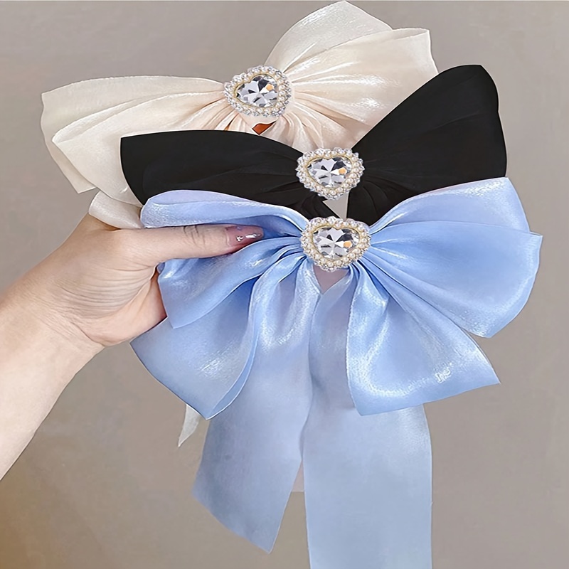 

Fabric Bow Tie Hair Clips With Heart-shaped Accents - 3-piece Set, Solid Color Ribbon Bows, Elegant French-inspired Hair Accessories For Women, Suitable For Daily Use