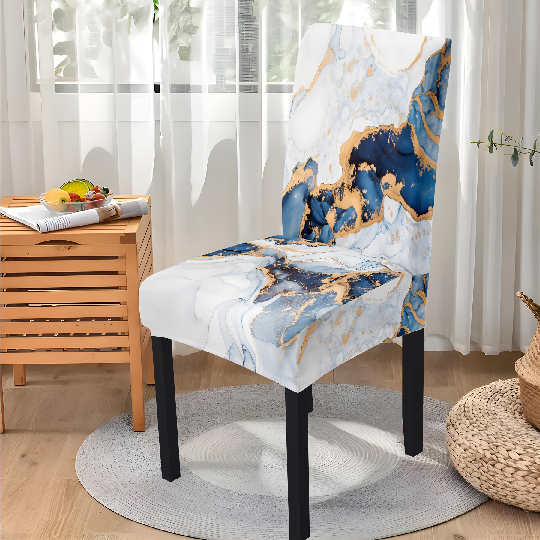 

2/4/6pcs Blue Marble Print Chair Covers, Stretchable Milk Silk Fabric, Washable & Colorfast, Dust-proof Decorative Art Style For Dining Room Chair, Hotel, Garden Decor