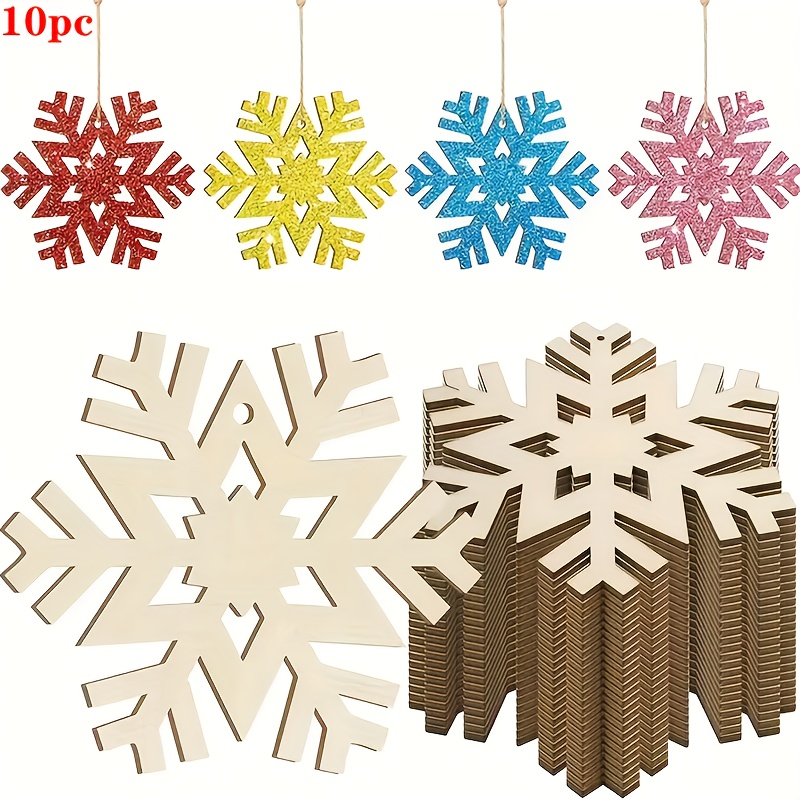 Image of 10pcs Wooden Snowflake Shaped Diy Painting Craft Kit, Wooden Hanging Ornaments For Festive Party And Home Decor