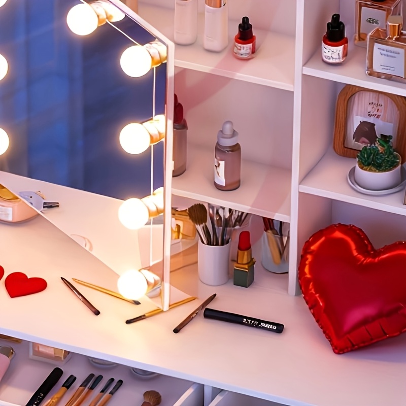 TEMU Valentine's Day Gift 7 Drawers Vanity Makeup Desk With 10 Led Lighted Mirror And 6 Shelves White