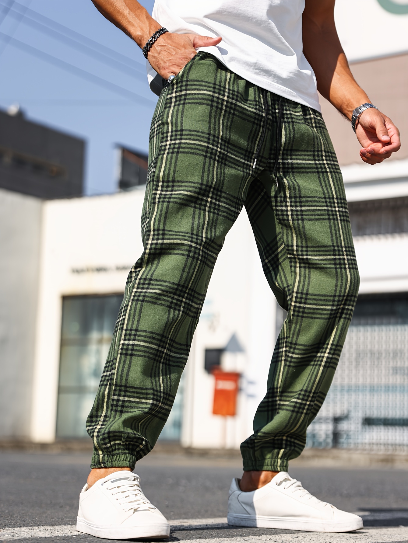 *'s Polyester Plaid Pants Casual Drawstring Waist Sports Trousers with  Pockets Loose Fit Waist Woven Joggers with Belt Weekend Ca