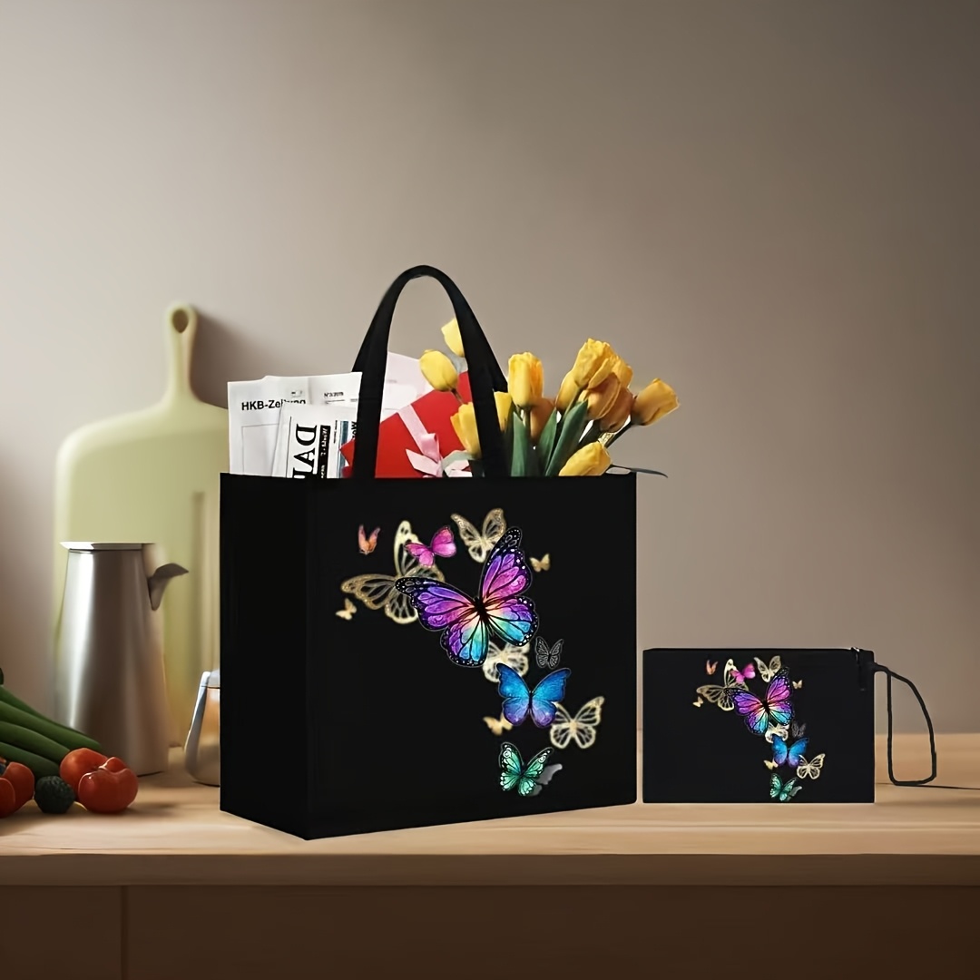 TEMU Fashion 2pcs Tote Bag Set With Matching Clutch, And Floral Print Handbag, Magnetic Snap Closure, Durable Polyester Shoulder Straps, Foldable
