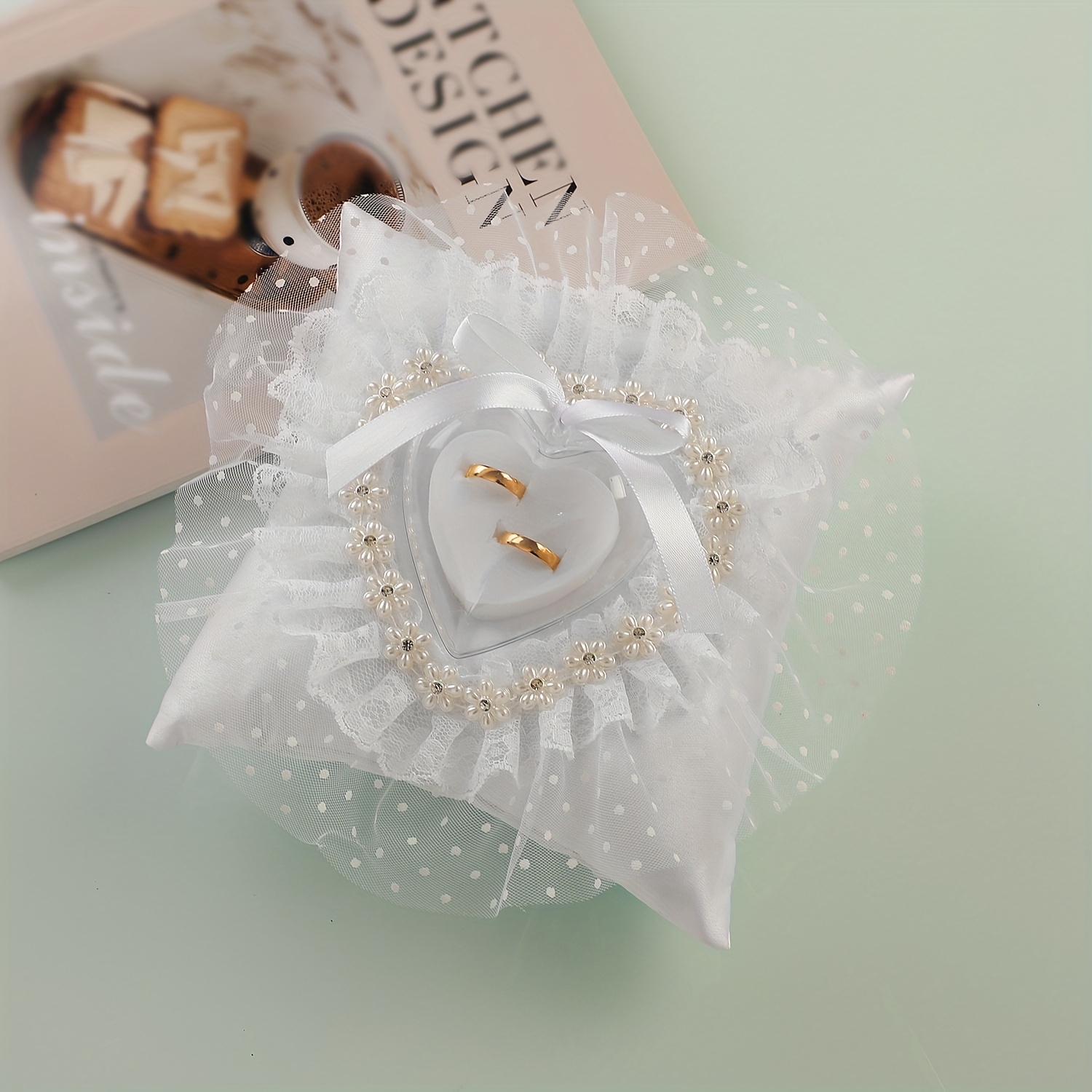 A Romantic Ring Pillow Featuring Floral Elements, Blending And Modernity, A Luxurious And Romantic Wedding Ring Cushion That Elevates Instantly