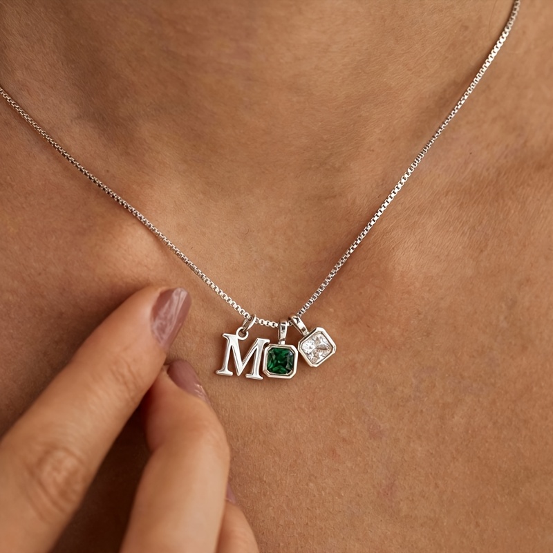 TEMU Personalized Square Birthstone Letter Necklace, 18k Gold-plated Stainless Steel, Fade-resistant. Customizable With Letters Or Symbols For A .