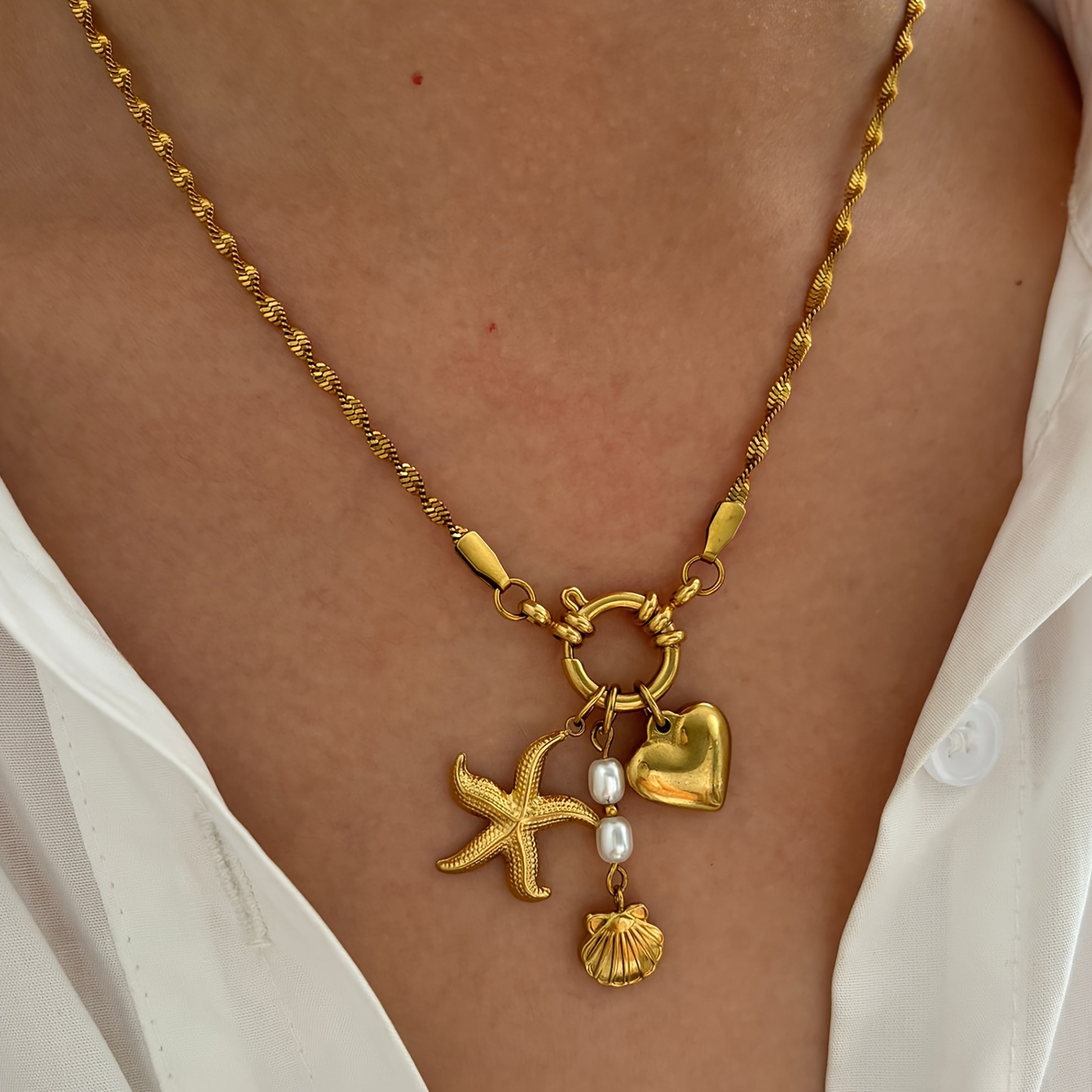 

Chic Stainless Steel Love Heart & Starfish Shell Pendant Necklace With Pearl Accents - Detachable, Casual Attire Or Gifting