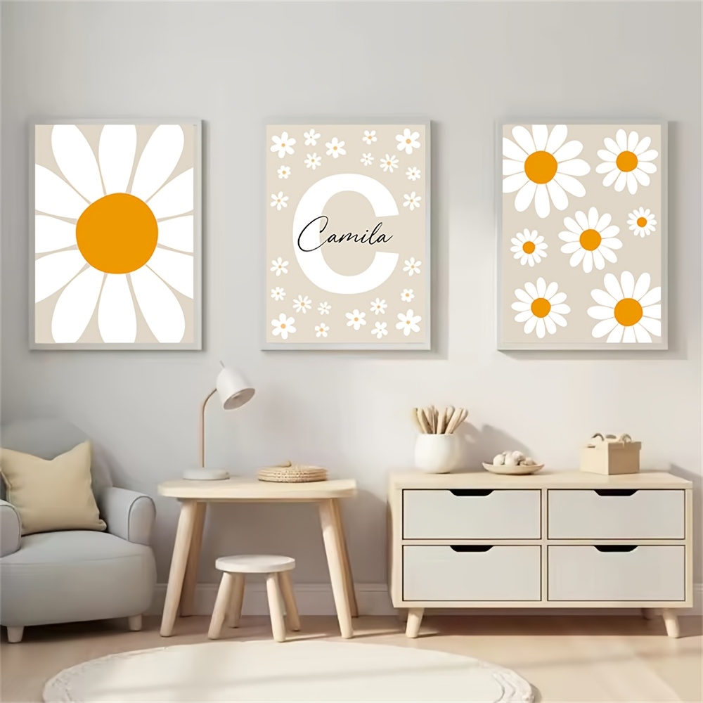 TEMU Plat 2D, 3 pièces, Art mural personnalisé cadre avec nom, Peinture sur toile, Affiche de marguerite, d' bohème beige, Peinture murale moderne,