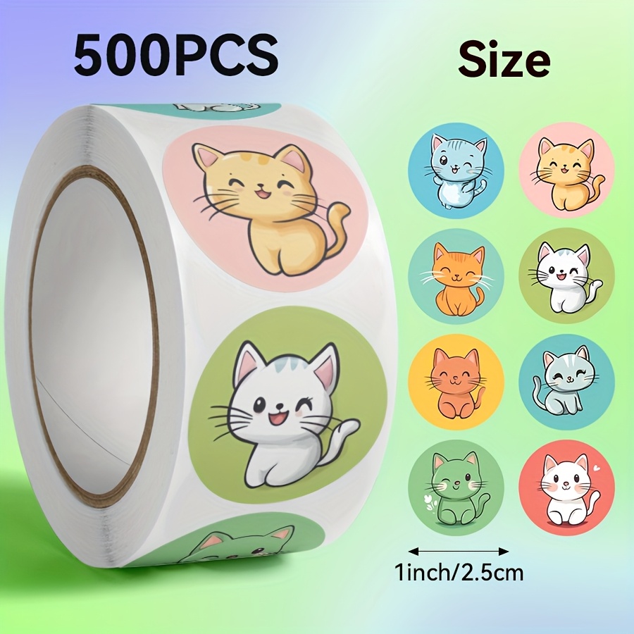 500pcs Cute Cartoon Cat Stickers - Glossy Self-adhesive Irregular Shaped Animal Patterns With Eyes & Fluffy Tails, Mixed Colors (pink, Green, Orange