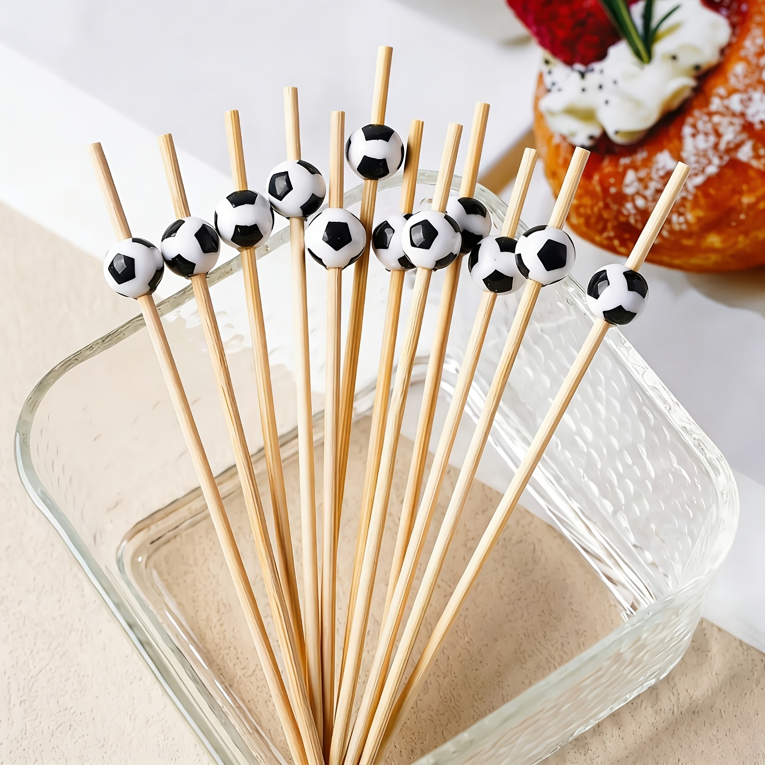 Image of 28/48pcs Soccer Cocktail Picks | Toothpicks For Appetizers | 4.7 Inch Bamboo Football Appetizer Skewers For Charcuterie Sandwich Drinks | Birthday Football Theme Party Decoration Supplies (black)