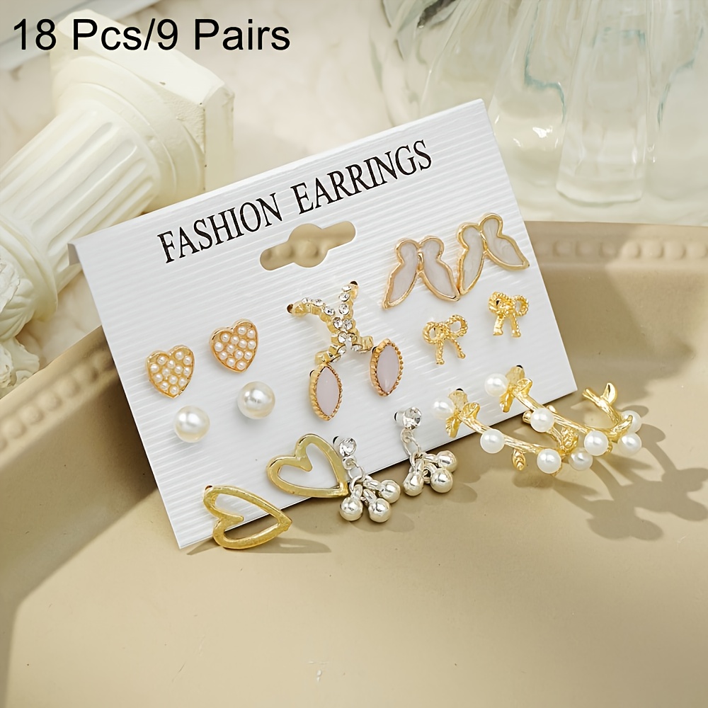 TEMU 18pcs Set / 9 Pairs Of Exquisite Light Luxury Elegant Heart Pink Rhinestone Stud Earrings Design Knot Hoop Earrings Set Women' Banquet Matching