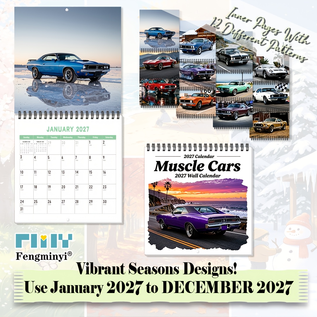 TEMU Calendrier mural 2027 Calendrier mural de voiture 2027, calendrier 12 mois, calendrier mural suspendu à spirale double fil métallique, 8,3x8,3