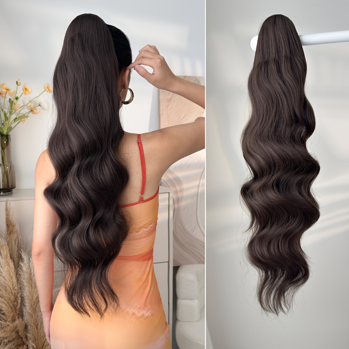 TEMU Extensions de cheveux avec clip à cordon extensible pour queue de cheval, couleurs noir et marron, orange et rouge, avec patchs de cheveux