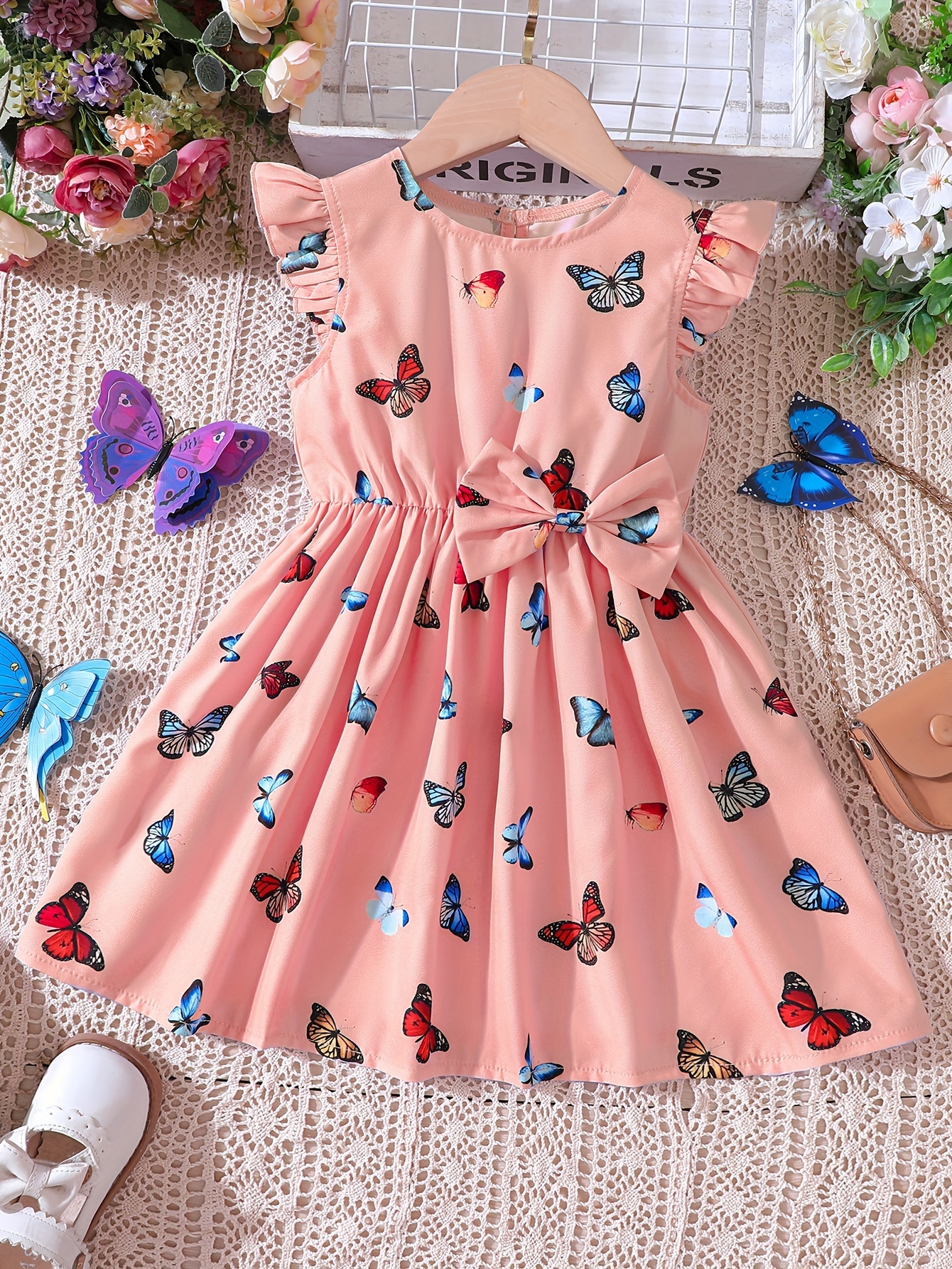 Cute Girls Flying Sleeve Butterfly Print Bowknot Sweet - Temu