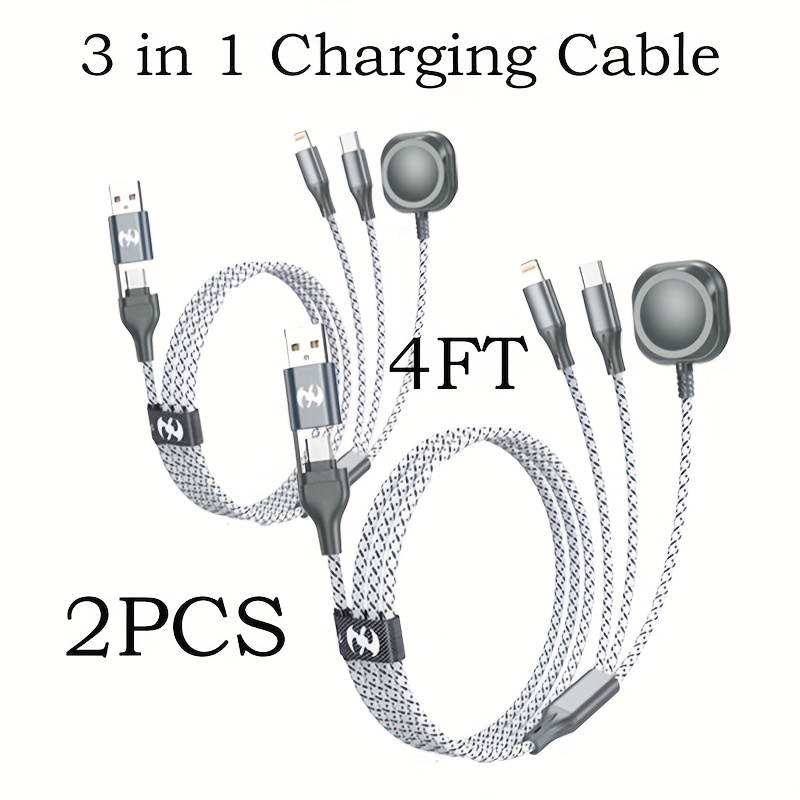 TEMU 2pcs 4ft Silvery White Multifunctional Charging Cable For Watch Charger Fast Charging, Portable Usb C/a For Iwatch And For Iphone Charger For