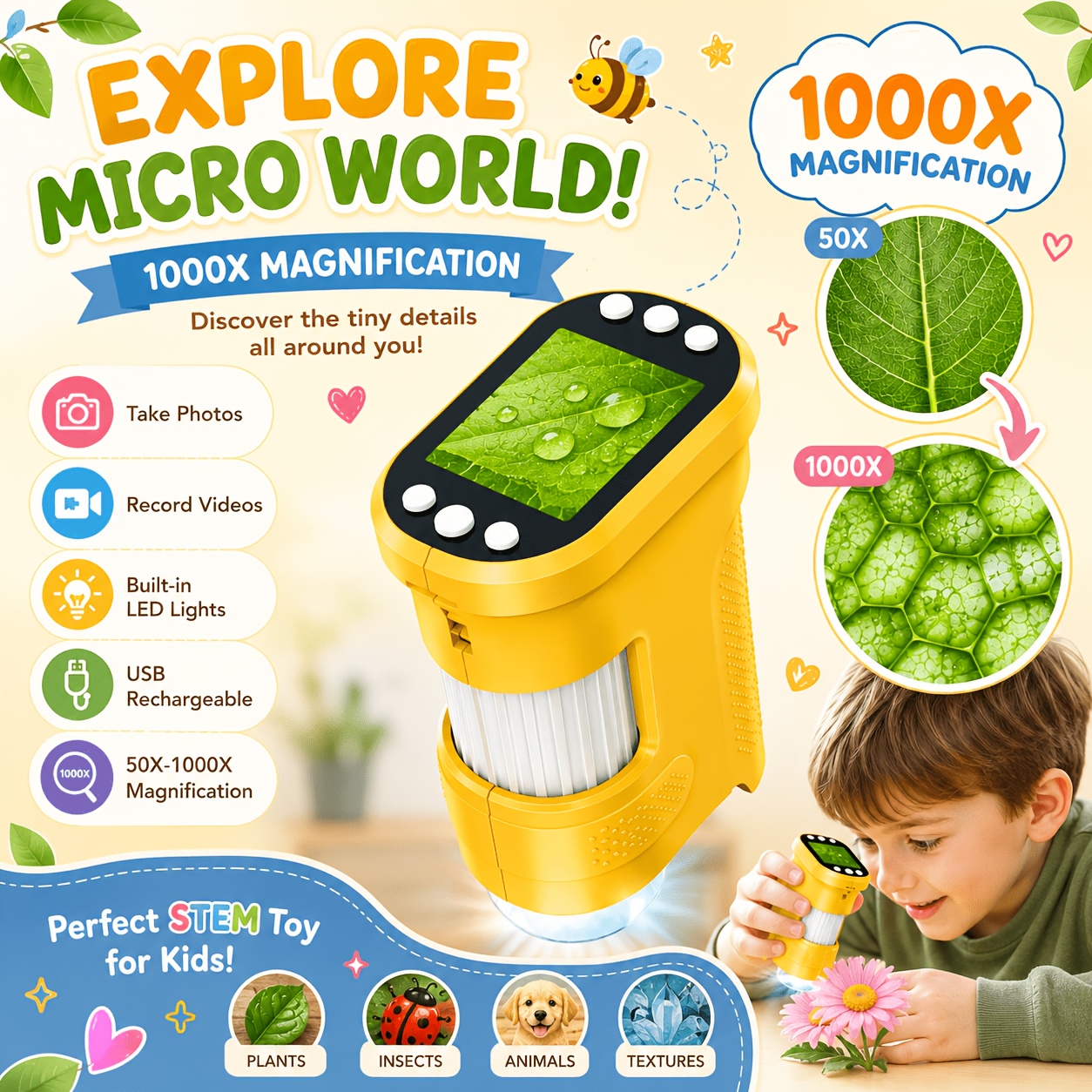 USB Kids Digital Microscope, Mini Pocket 1000X Magnifier