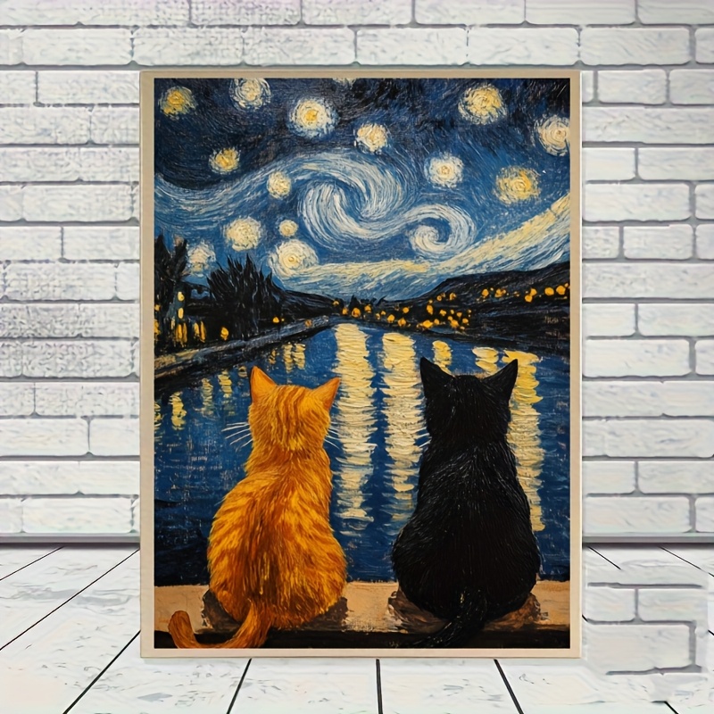 TEMU Nieuwe Stijl 1 Set - Kat Kruissteek Schilderij Kit Onder De Sterrenhemel Stijl, 36*46 Cm / 14.17*18.11 Inches Draad Kunst, 11CT Kruissteek Stof