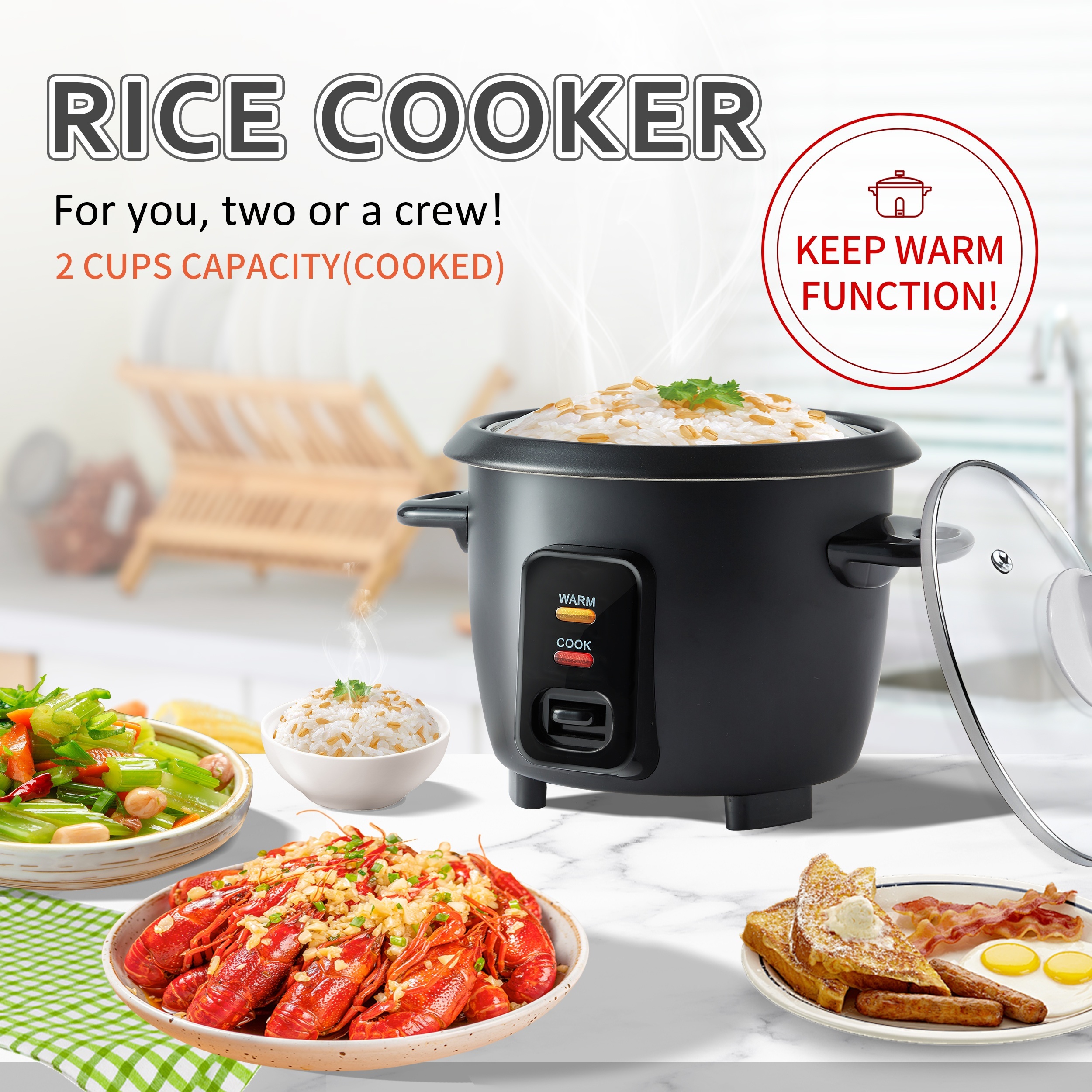 

Portable Rice Cooker Small Food Steamer, Keep Warm, Mini Rice Cooker 2 Cups Uncooked & Steam Tray
