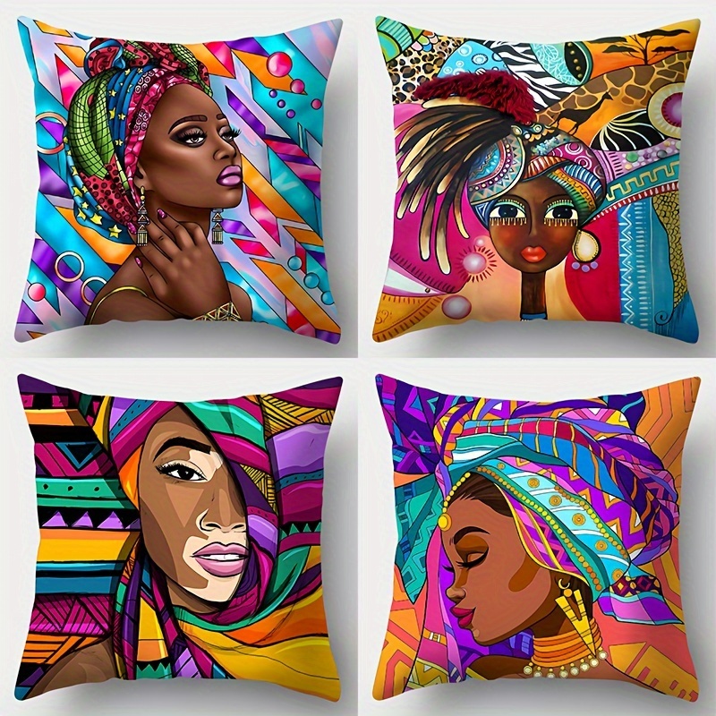 

4-pack, African Women Colorful Abstract Art Pillow Covers 18x18 Inches, Tropical Style Cushion Cases For Home, Office, Living Room Sofa Decor – Without Pillow Insert