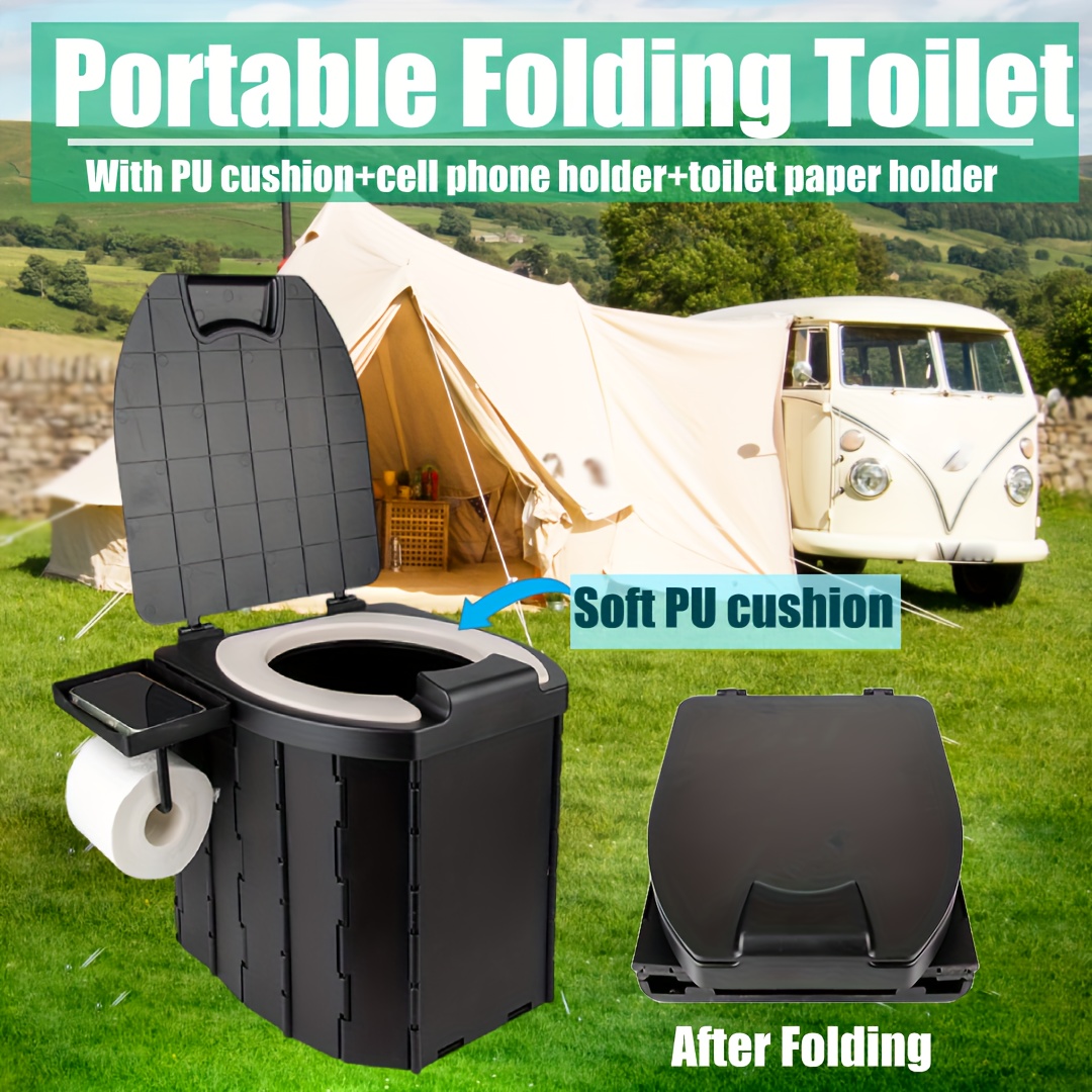 

Portable Folding Toilet With Pu Cushion, Cell Phone Holder, And Toilet Paper Holder - Suitable For Camping, Rvs, Cars, And More