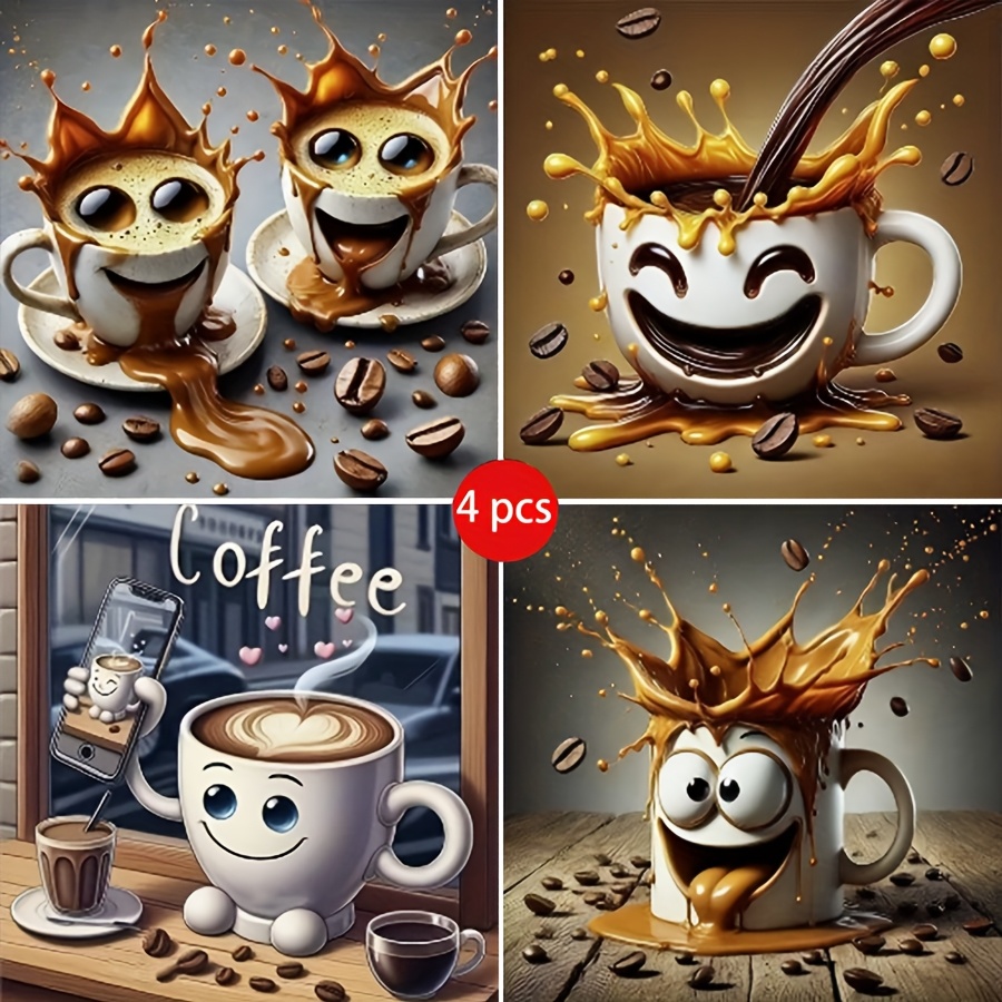 Image of 4pcs Set! Cup Fun Cartoon Themed Diamond Painting Set -20x20cm Acrylic Diamond, With A , Is An For Holiday Gifts And Home Decoration!