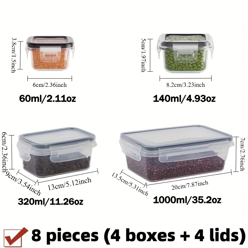 Image of 8pcs Transparent Food Storage Containers With Airtight Lids (4 Containers + 4 Lids) - Ideal For Fruits, Vegetables, Pasta, Meat, And More Kitchen Organization - Microwave Safe