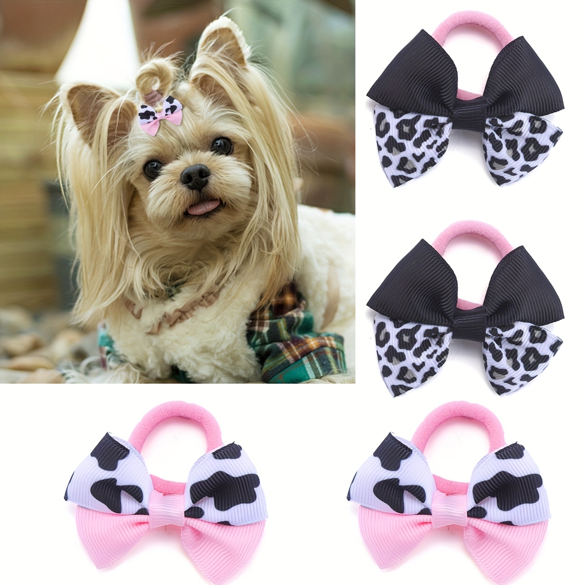 

4pcs Leopard Print Pet Hair Bows With Rubber Bands - Polyester Grooming Accessories For Dogs And Cats