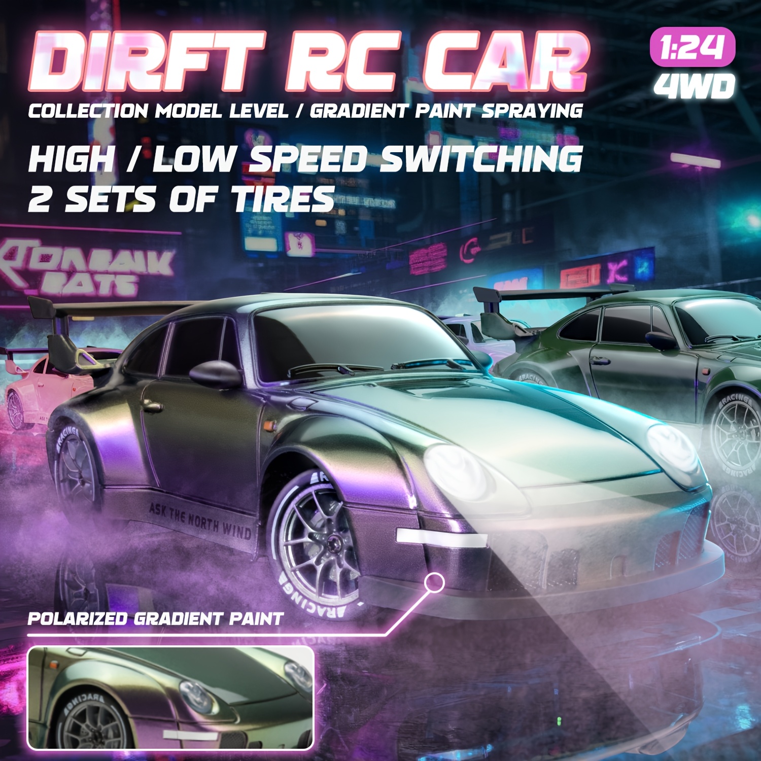 1:24RC Drift Car, Four-color for PORSCHE Car, 20km/h High-speed Rc Car, 4WD RemoteControl Car with Tire Roadblocks And LED Lights Batteries Suitable for Children Over 8 Years Old Birthday, Holiday Gifts