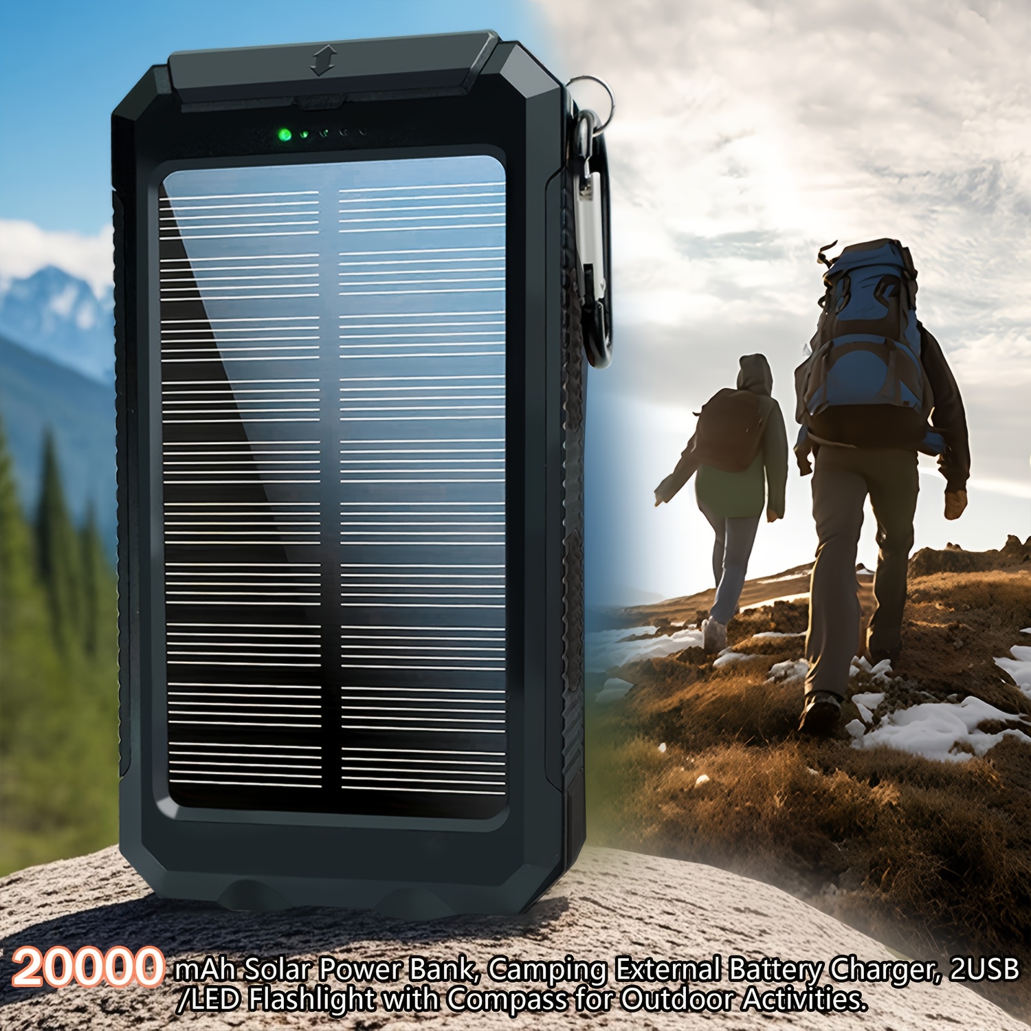 10000 20 000mah portable solar power bank portable mobile phone solar charger camping external power bank with compass usb light flashlight suitable for outdoor activities Product details 1