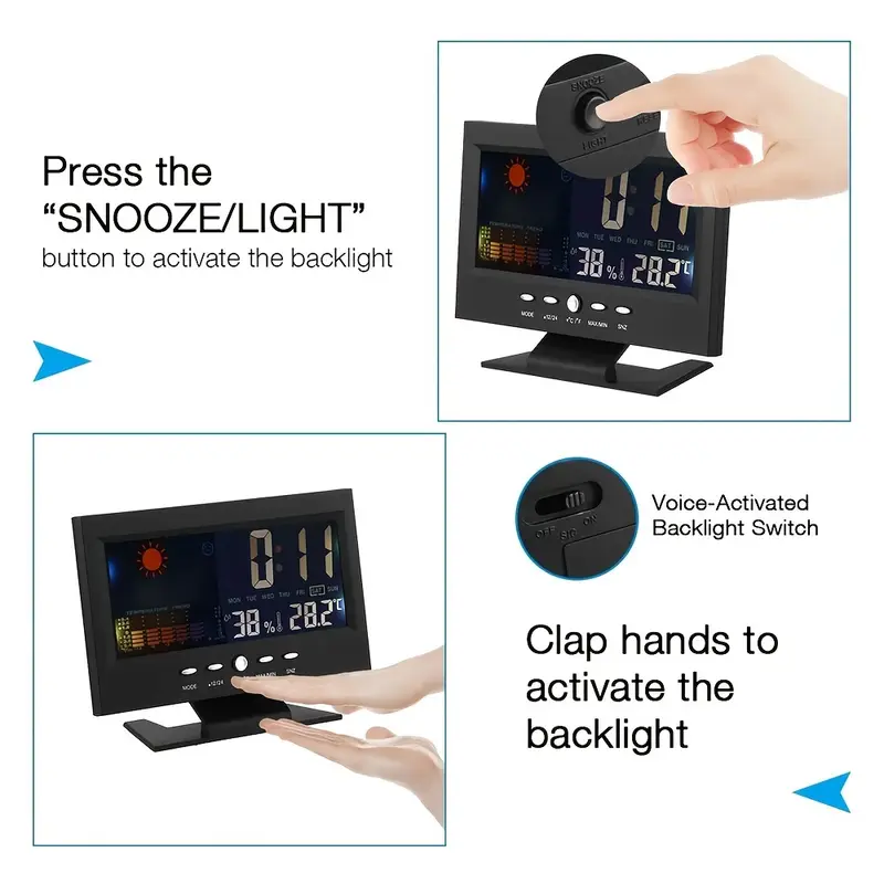 digital weather alarm clock voice control backlight temperature humidity calendar display glass material time weather forecast desk clock with color screen model 8028t 11 5cm x 15 5cm details 4