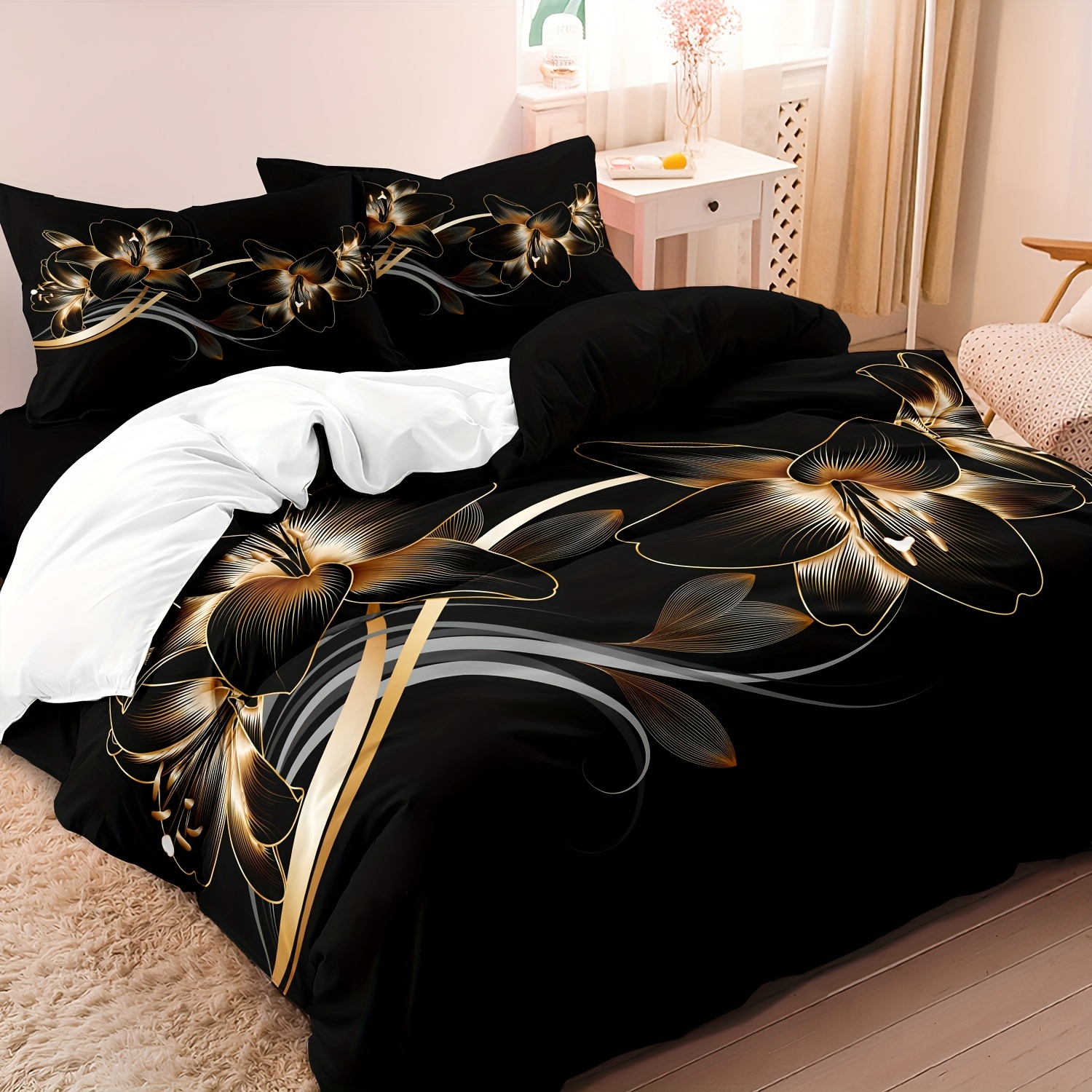 

2/3pcs Duvet Cover Set (1*duvet Cover + 1/2*pillowcase, Without Core), Modern Luxury Black And Golden Flower Print Bedding Set, Soft Comfortable Duvet Cover, For Bedroom, Guest Room