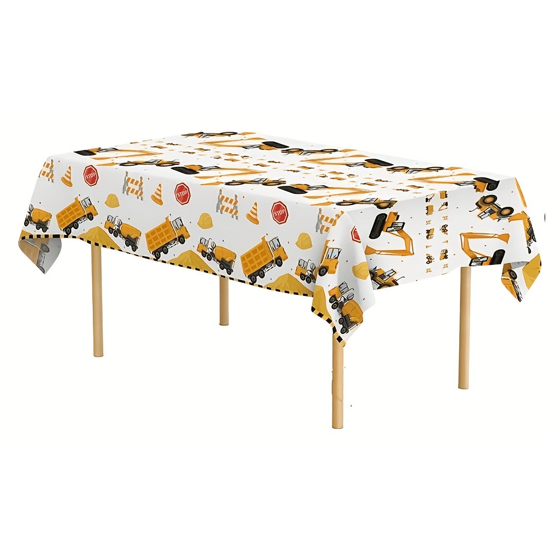 TEMU 1/2/3/4pcs Construction Tablecloth With Dump Truck - Yellow Trucks Themed Plastic Table Cover Suitable For Birthday Party Decorations, Table