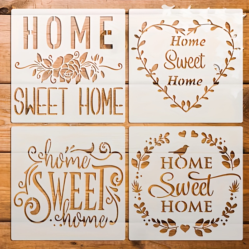 Image of 4pcs Sweet Home Template, Art Font Template, Flower Font Template, Welcome Template, 9.1-inch, Washable, , Reusable Painting Template, Suitable For Furniture, Doors And Windows, Fabrics