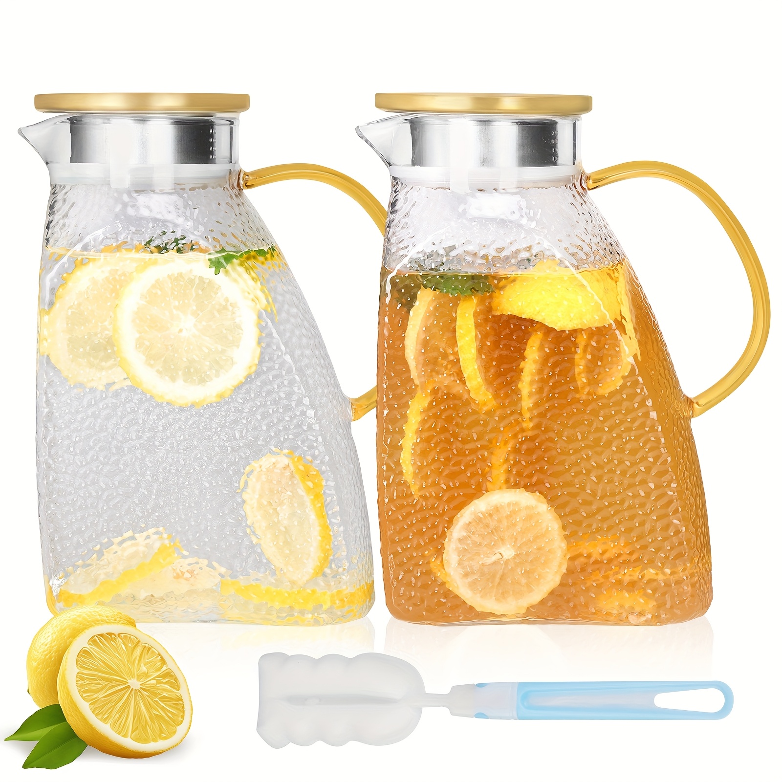 TEMU 1.8liter Glass Pitcher, 2pcs 60oz Cold Water Kettle, Glass Pitchers With Handle And Lid, Jug Water Pitchers, For Daily Drinking Water At Home,