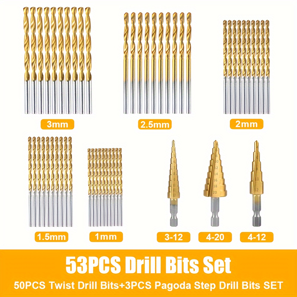 

53-piece High-speed Steel Drill Bit Set With Titanium Coating - Includes Pagoda Step & Twist Bits, 1/4" Hex Shank For Wood, Plastic, Metal - Durable & Wear-resistant
