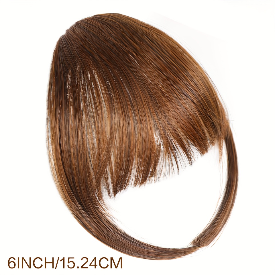 elegant clip in bangs for women natural looking     hair extensions in golden   black light brown high quality heat resistant synthetic fiber with temples for casual attire details 1