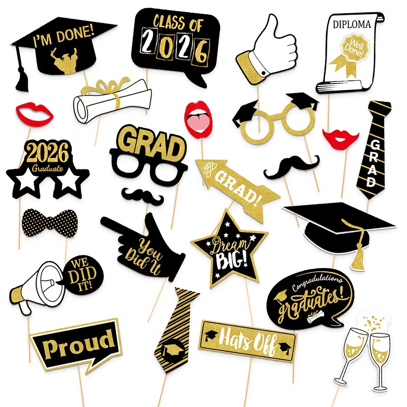 Image of 25pcs Party Photo Booth Props, 2026 Graduation Photo Props, 2026 Graduation Party Fun Photo Booth Props, Class Reunion Decorations, Graduation Season Edition, Handheld Photo Props For Mother, Father