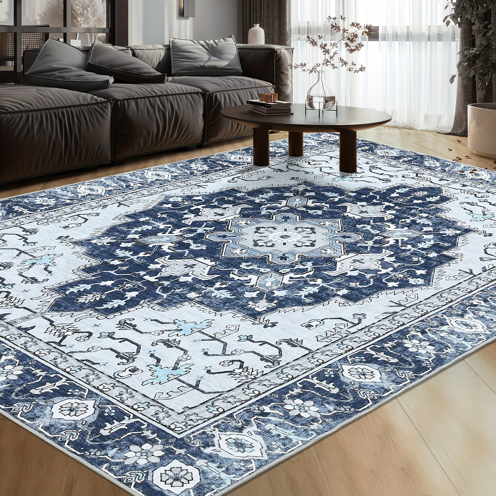 

Washable Area Rug Foldable Thin Vintage Print Rug, Indoor Carpet For Living Room, Bedroom, Kitchen, Dining Room, Durable Non-slip Stain Resistant Rug, Blue