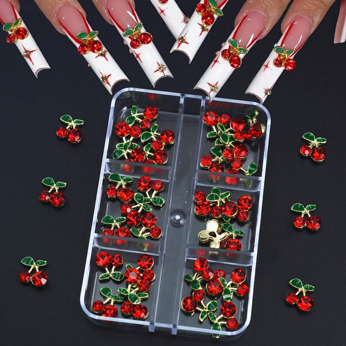 

30pcs 3d Cherry Rhinestones, Alloy Nail Art Decorations, 6 Grids Box, Nail Gems Supplies For Diy Manicure, Unfragranced