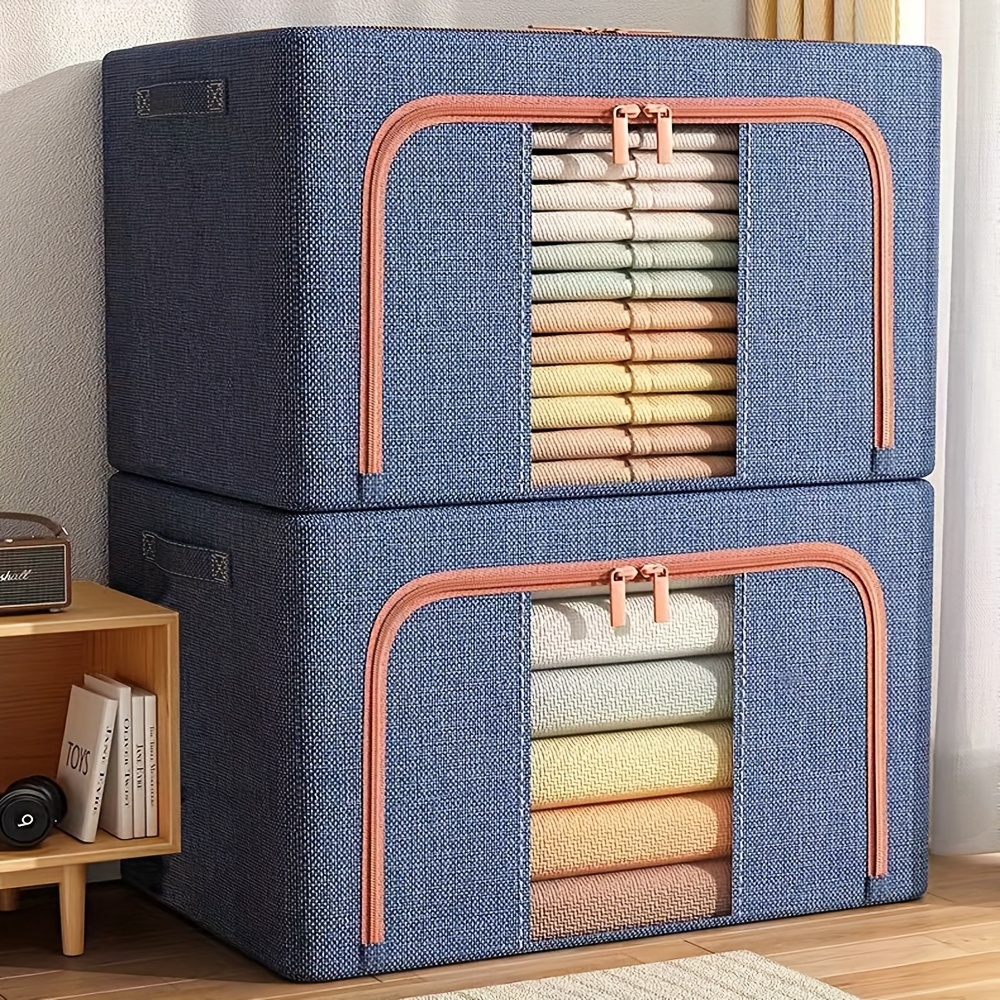 

2pcs Large Capacity Folding Storage Box, Cotton And Linen Household Clothes, Quilt Storage And Arrangement, Fabric Steel Frame Storage Box 100l