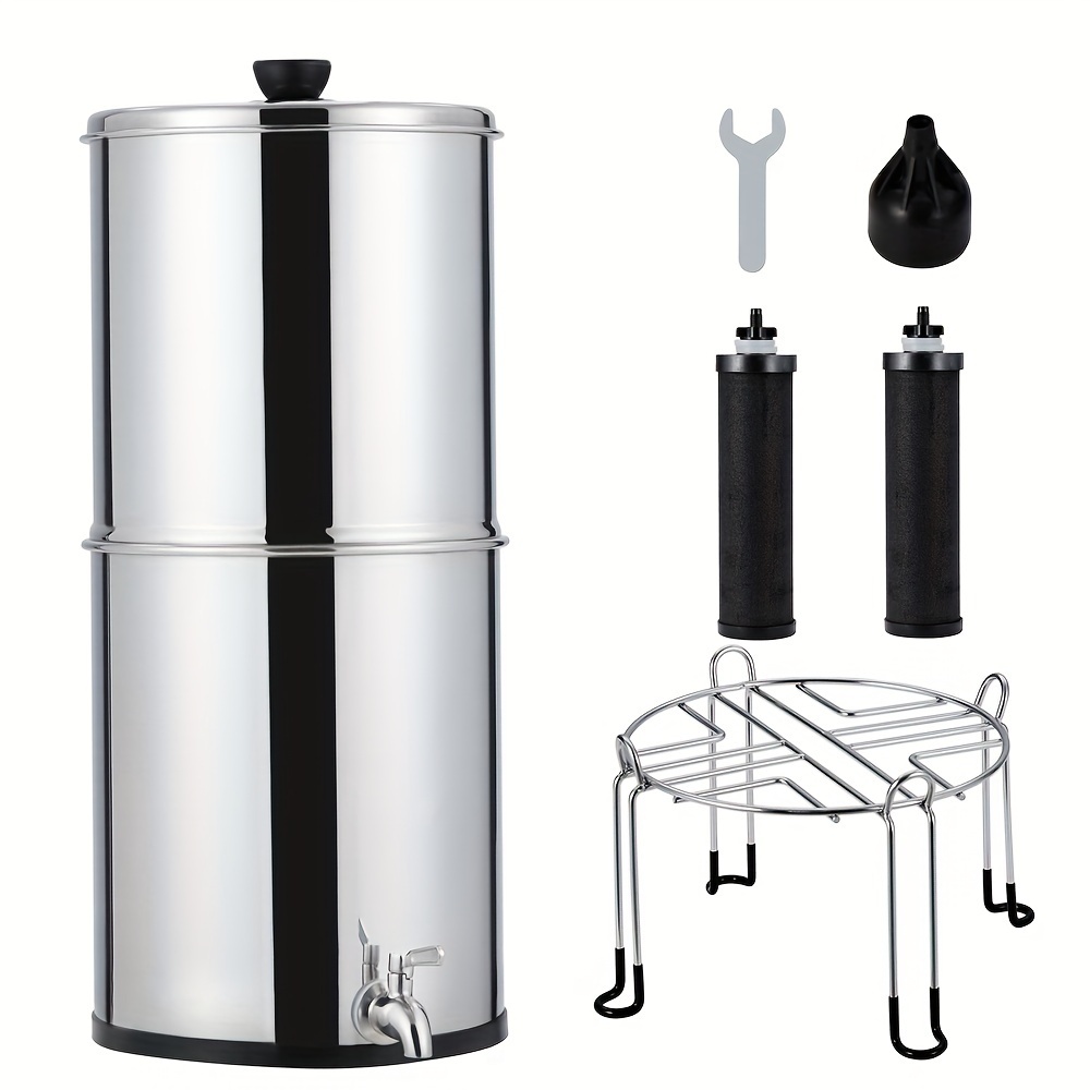 

Stainless Steel Countertop Filter System, 2.25g Capacity, Includes 2 Filters And Stand, With 2 Black Carbon Filters & Water Level Spigot & Stand, For Home, Camping, Rv, Fishing, Basic System