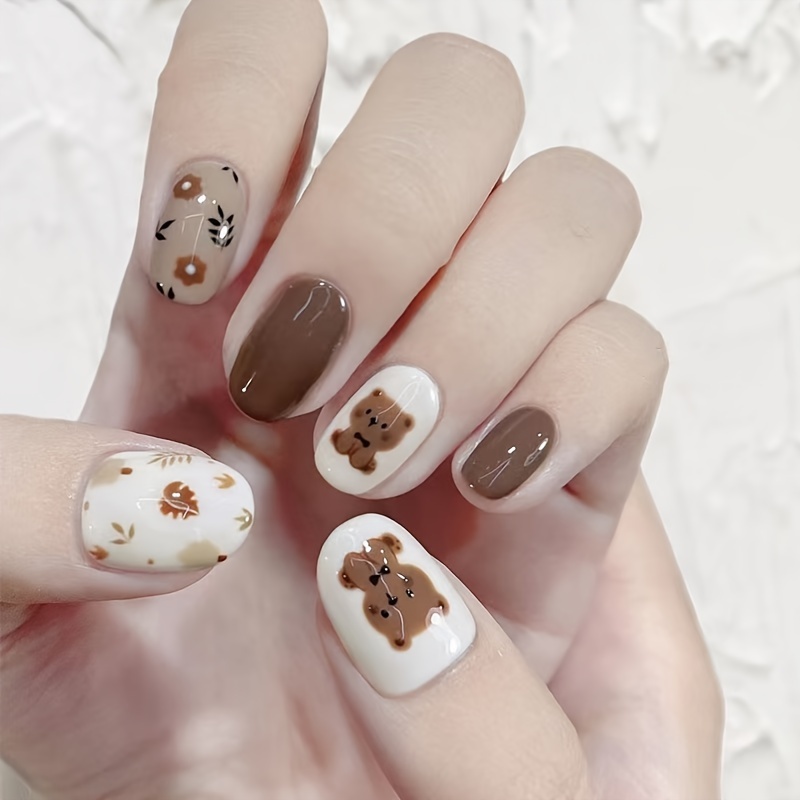 

Bear & Floral Press-on Nails - Short Oval, Mixed Colors, Animal/plant Design For Care, Autumn, Wearable