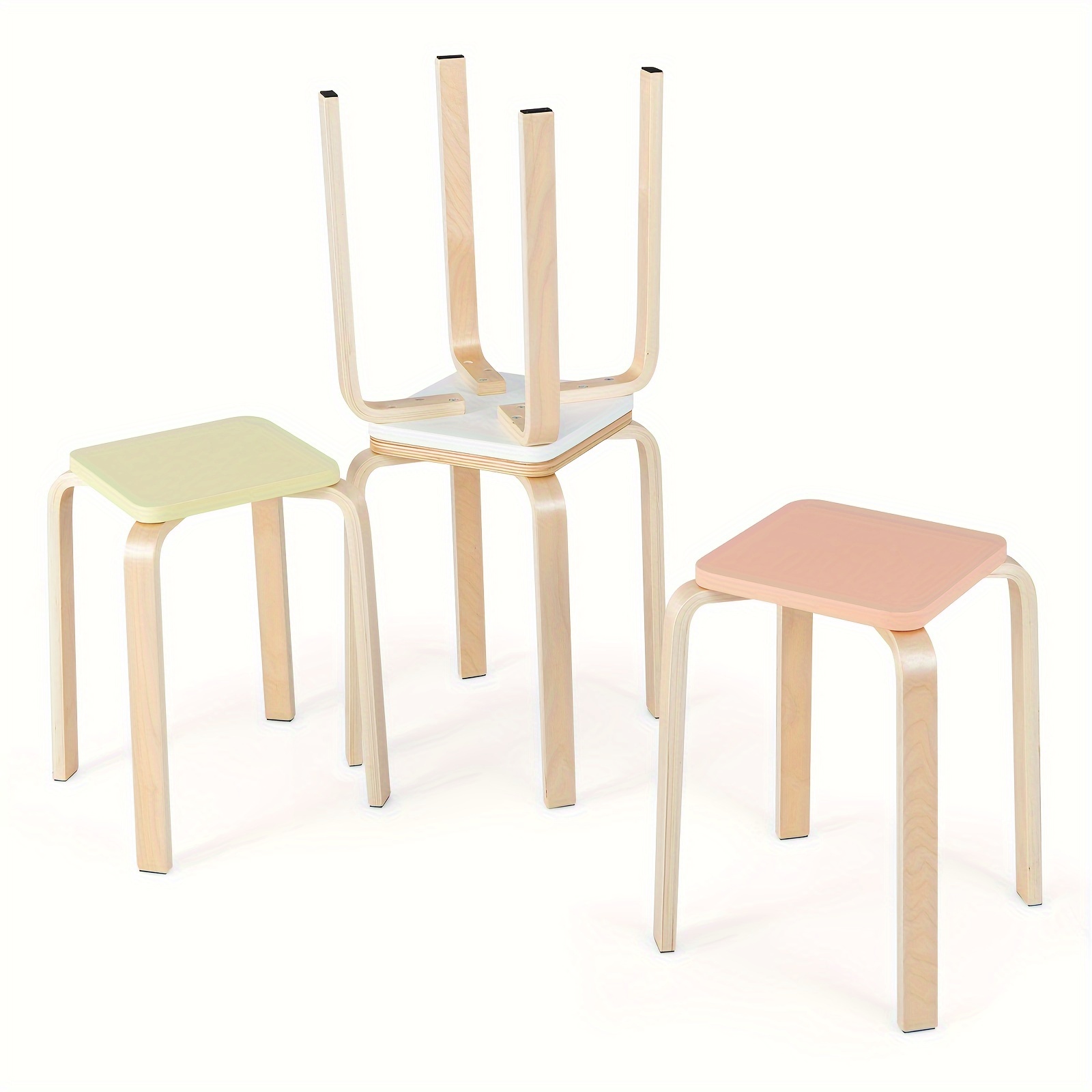 

4set Colorful Square Stools Stackable Wood Stools With Anti-slip Felt Mats