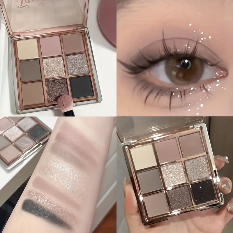 9-color eyeshadow palette - smoky grey, brown and pink tones, mousse eyeshadow, matte and shimmery finishes, fine Shimmery glitter, low saturation all-in-one palette with matte earthy tones, fine powder texture that doesn't fly off