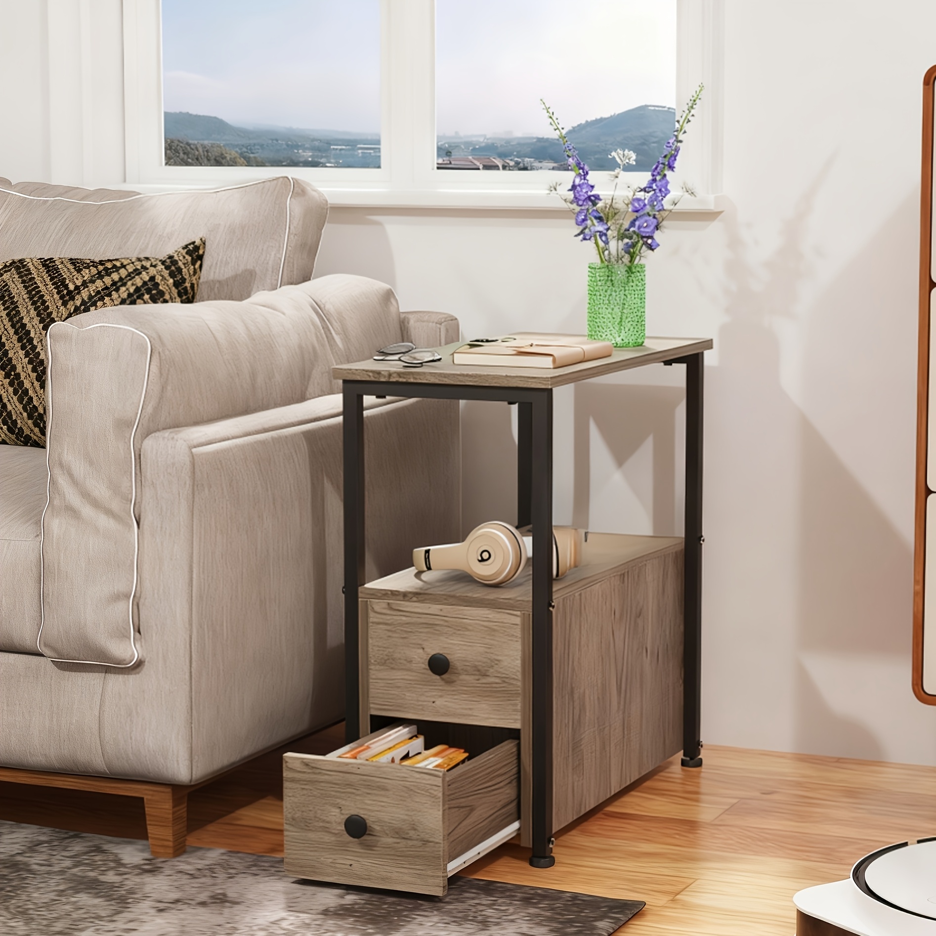 Narrow Living Room Side Table, Compact Storage Cabinet, Slim Side Table With 2 Drawers, Side Table With Open Shelves, Ideal For Small Spaces, Room Side Table, Space- Design 30x60x61cm, Brown